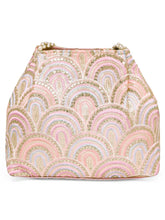 Pink potli bag named Sequin Wave Embellished Potli Bag, featuring artificial beads detailing and soft fabric texture | Peora
