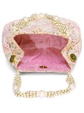 Pink potli bag named Sequin Wave Embellished Potli Bag, featuring artificial beads detailing and soft fabric texture | Peora
