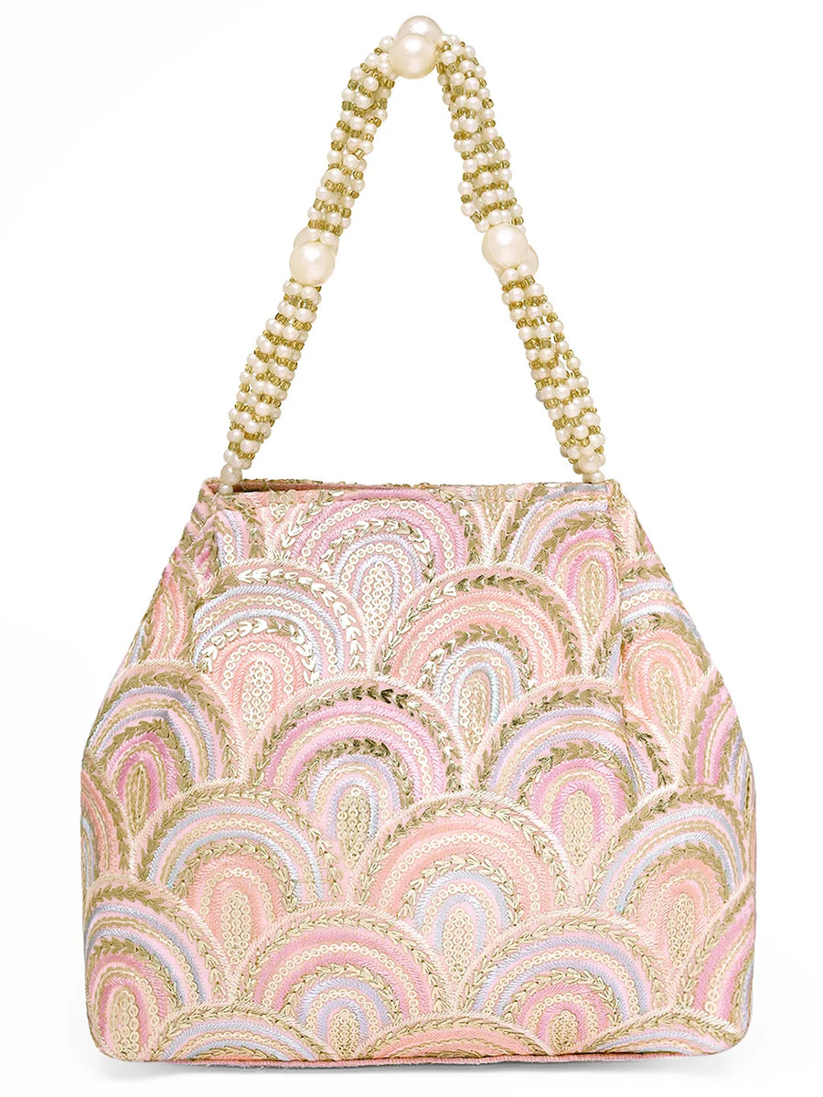 Pink potli bag named Sequin Wave Embellished Potli Bag, featuring artificial beads detailing and soft fabric texture | Peora
