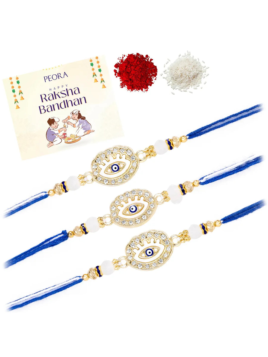 Peora Evil Eye Crystal Thread Rakhi for Brother | Set of 3