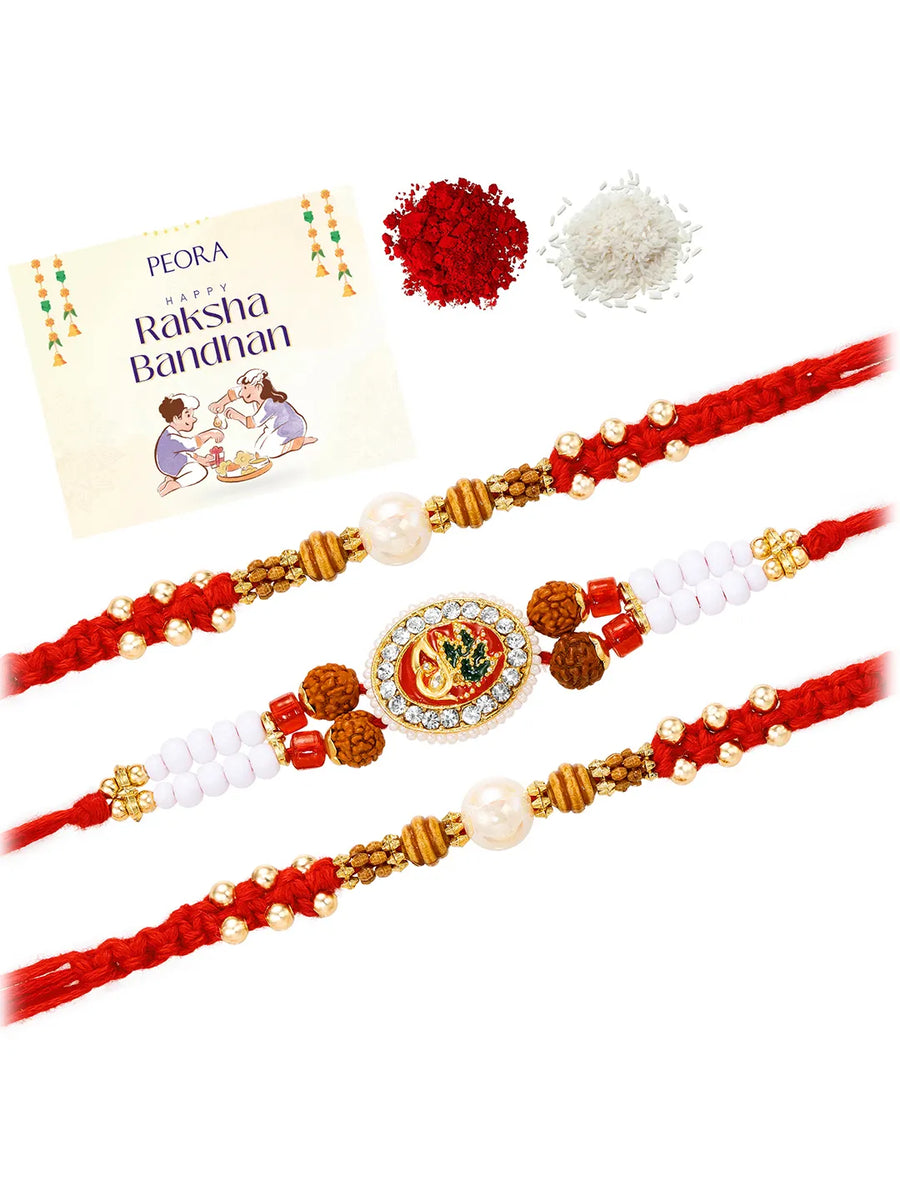 Peora Rudraksha Kundan Crystal Rakhi for Brother | Set of 3