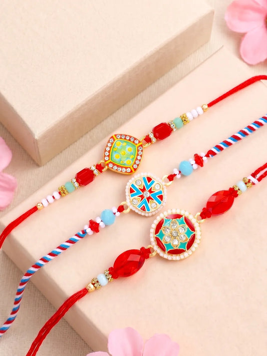 Peora Colourful Kundan Crystal Rakhi for Brother | Set of 3