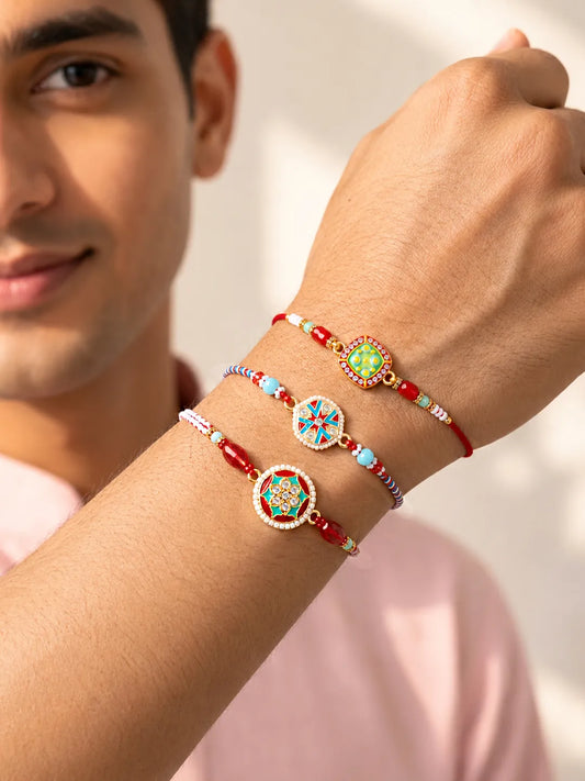 Peora Colourful Kundan Crystal Rakhi for Brother | Set of 3