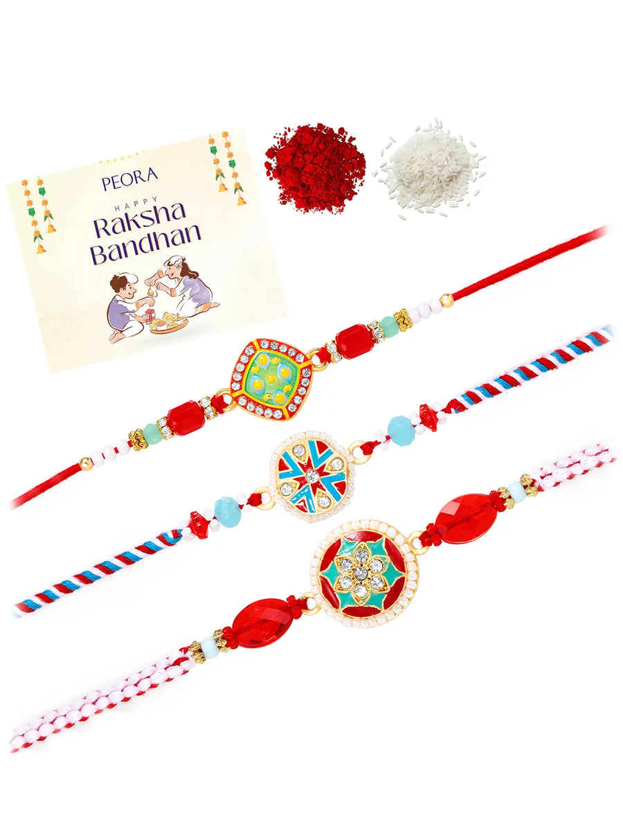 Peora Colourful Kundan Crystal Rakhi for Brother | Set of 3