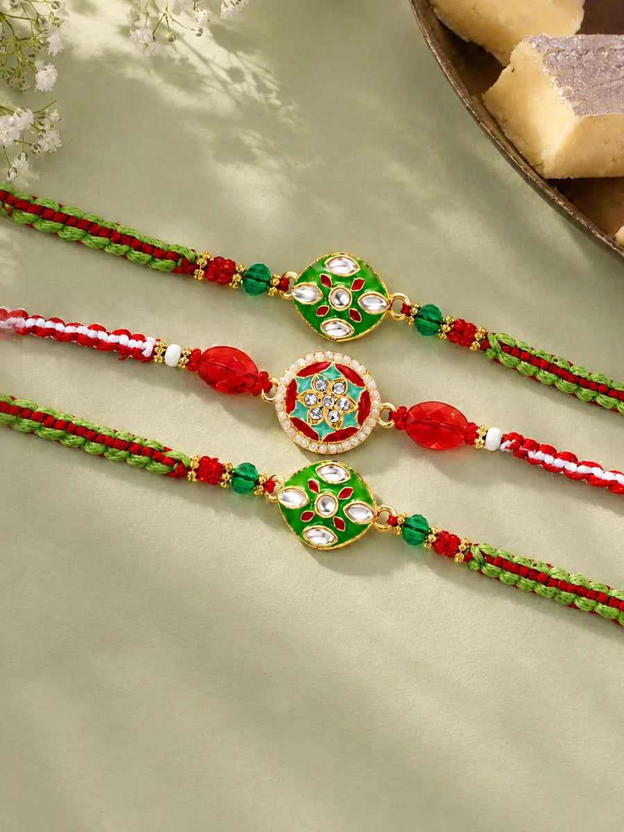 Peora Green Red Meenakari Kundan Rakhi for Brother | Set of 3