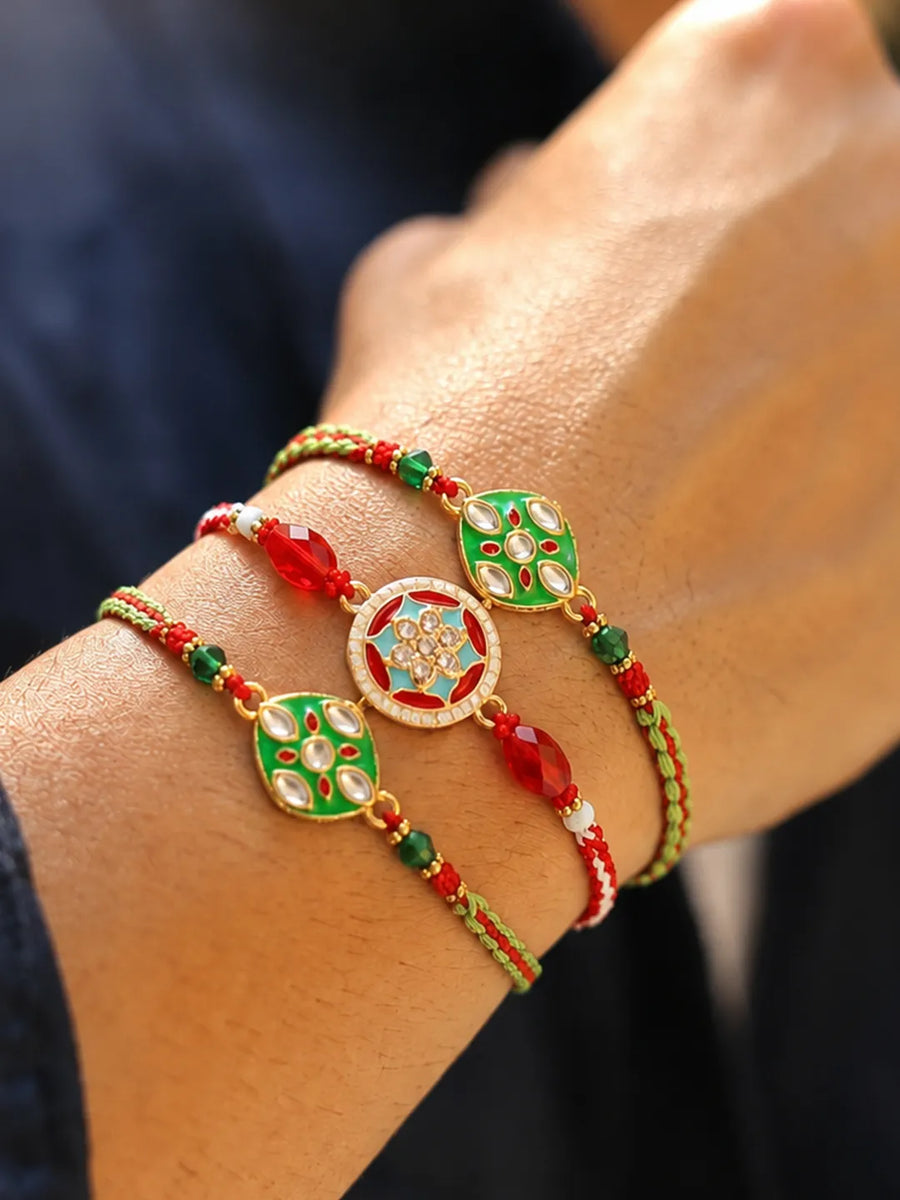 Peora Green Red Meenakari Kundan Rakhi for Brother | Set of 3