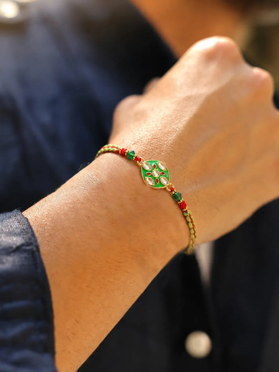 Peora Green Red Meenakari Kundan Rakhi for Brother | Set of 3