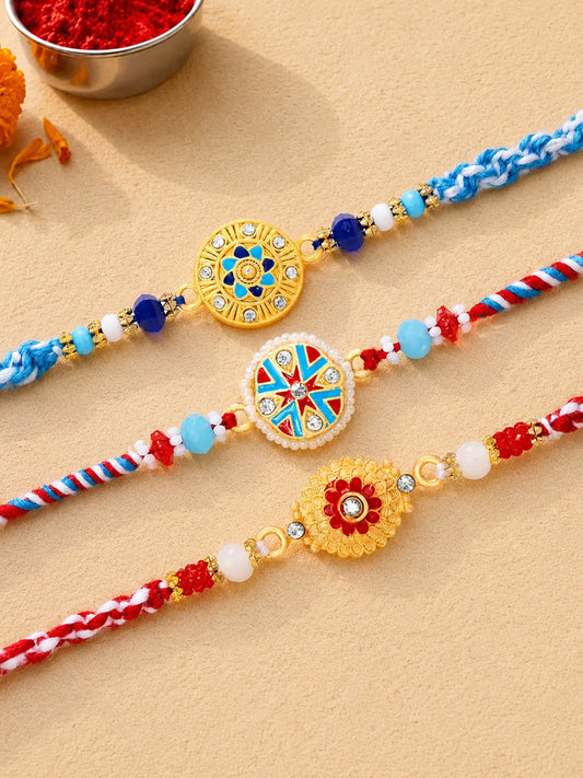 Peora Colourful Crystal Motif Rakhi for Brother | Set of 3