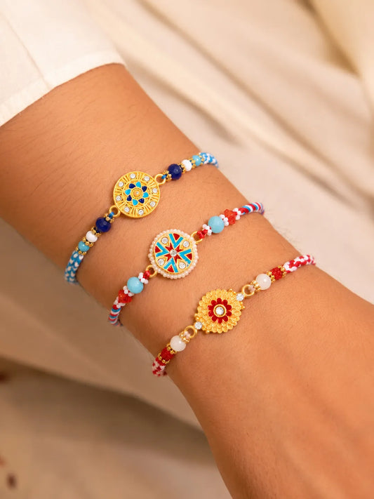 Peora Colourful Crystal Motif Rakhi for Brother | Set of 3