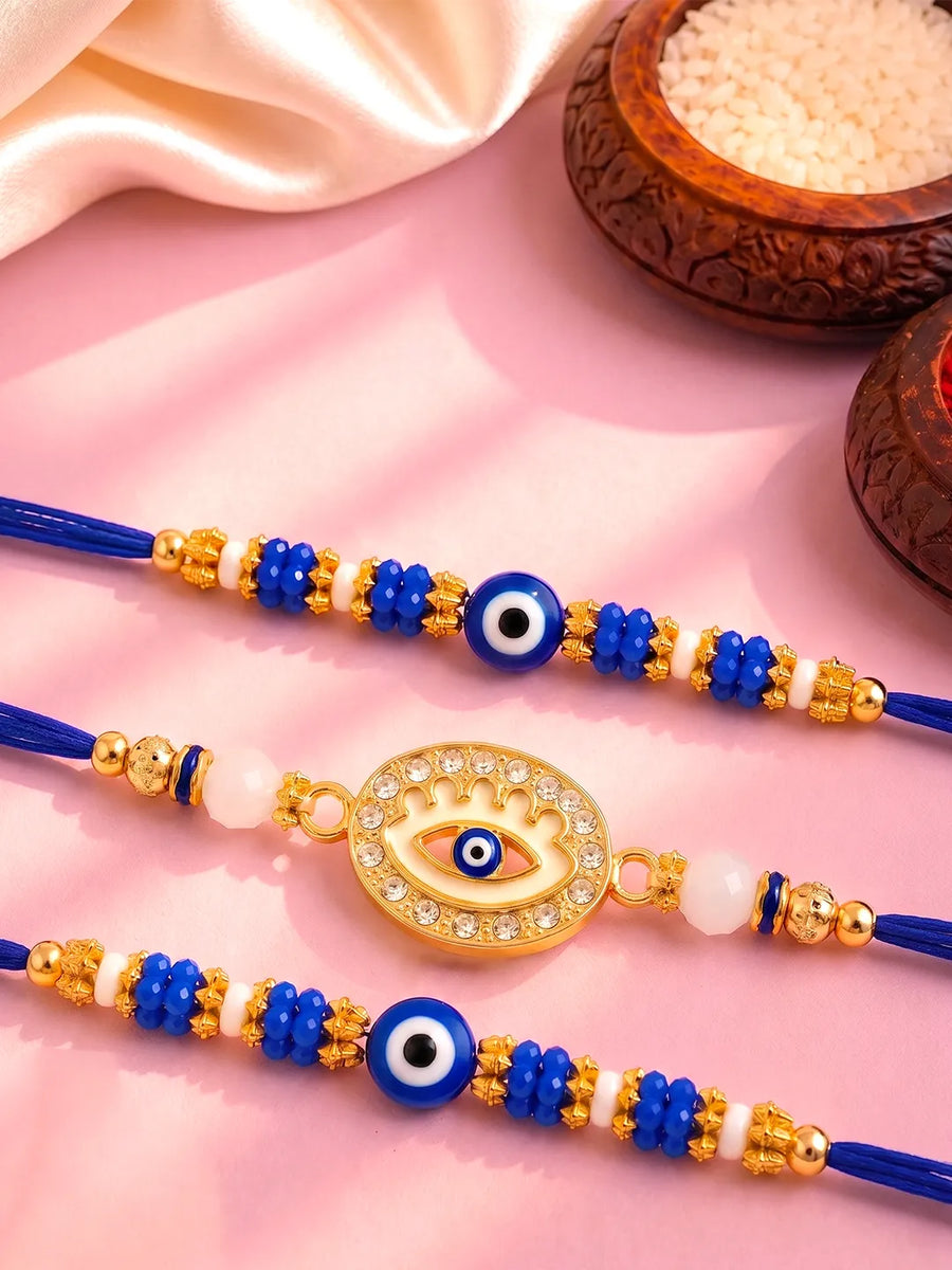 Peora Blue Evil Eye Crystal Rakhi for Brother | Set of 3