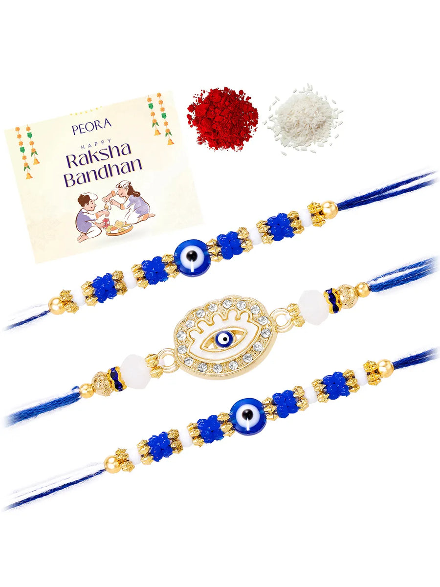 Peora Blue Evil Eye Crystal Rakhi for Brother | Set of 3