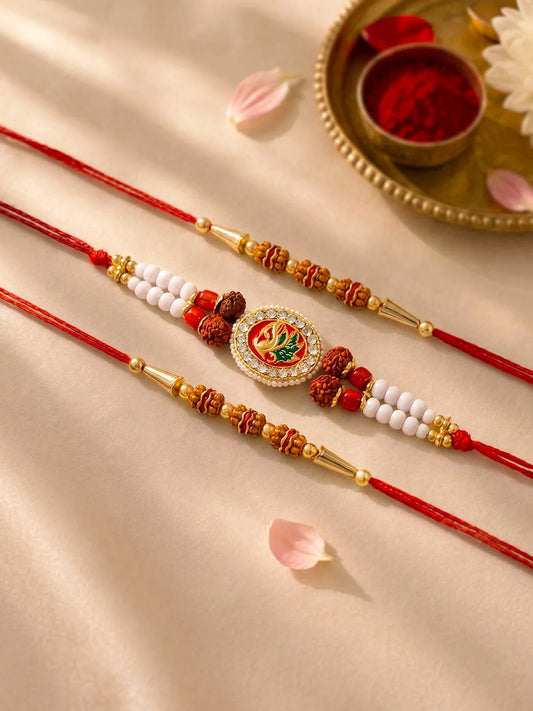 Peora Rudraksha Kundan Pearl Rakhi for Bhai | Set of 3