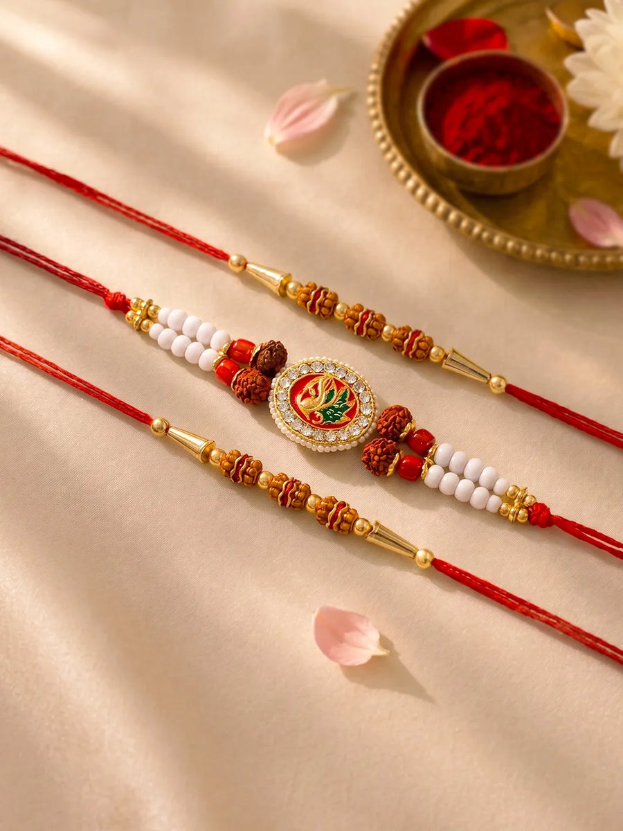 Peora Rudraksha Kundan Pearl Rakhi for Bhai | Set of 3