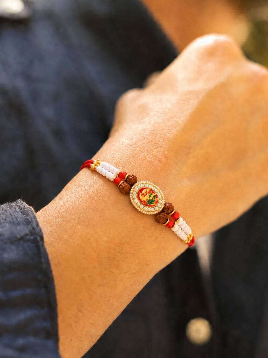 Peora Rudraksha Kundan Pearl Rakhi for Bhai | Set of 3