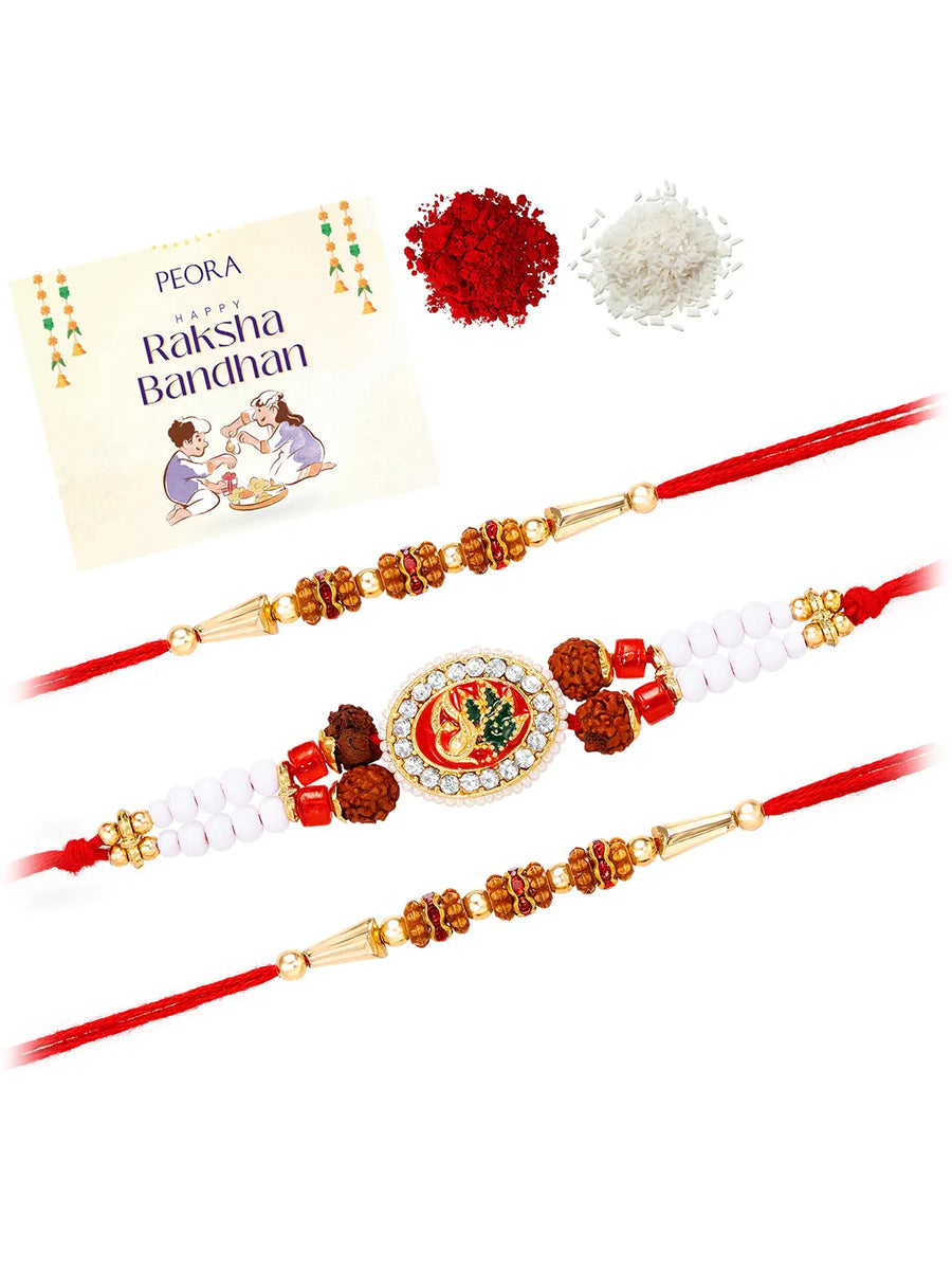 Peora Rudraksha Kundan Pearl Rakhi for Bhai | Set of 3