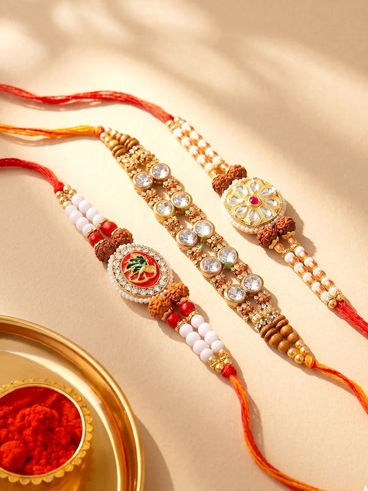 Peora Rudraksha Kundan Pearl Rakhi for Brother | Set of 3