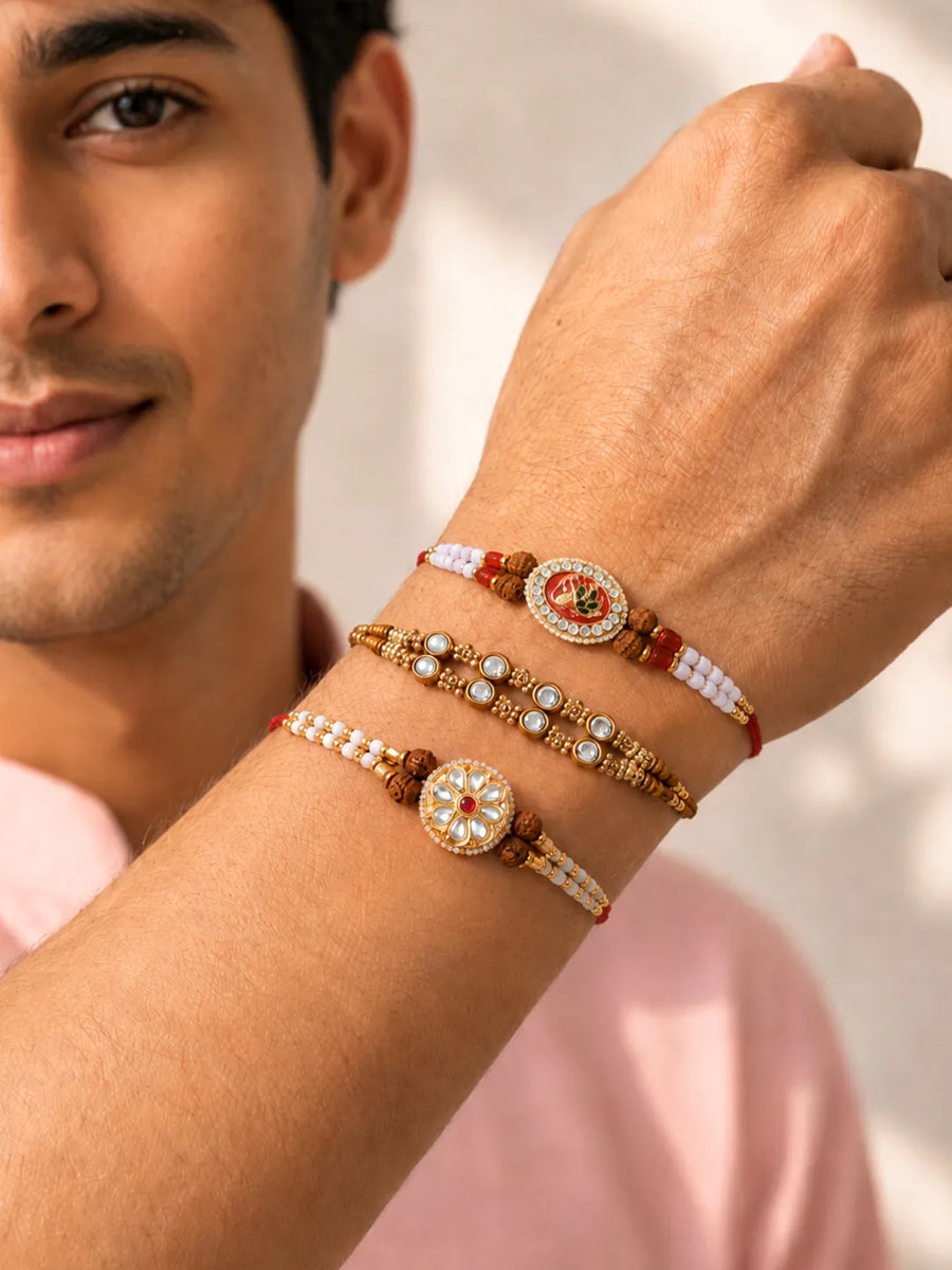 Peora Rudraksha Kundan Pearl Rakhi for Brother | Set of 3