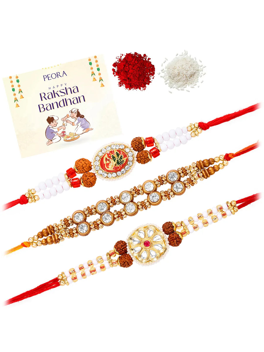 Peora Rudraksha Kundan Pearl Rakhi for Brother | Set of 3