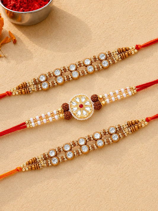 Peora Kundan Pearl Studded Rakhi for Brother | Set of 3