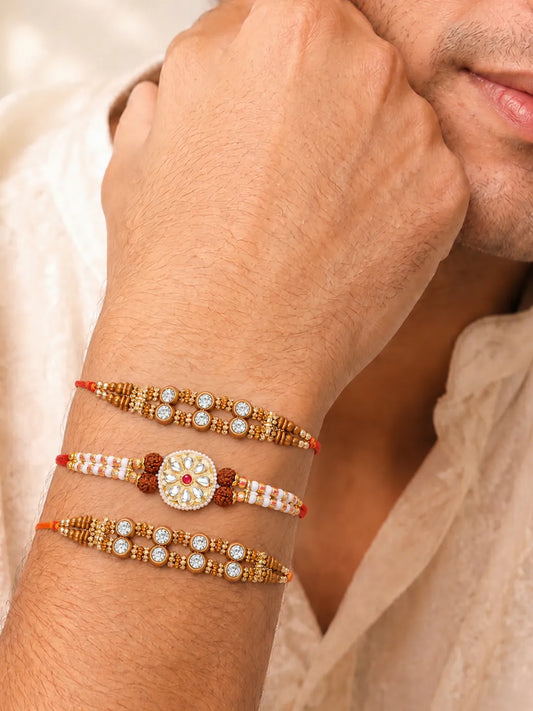 Peora Kundan Pearl Studded Rakhi for Brother | Set of 3