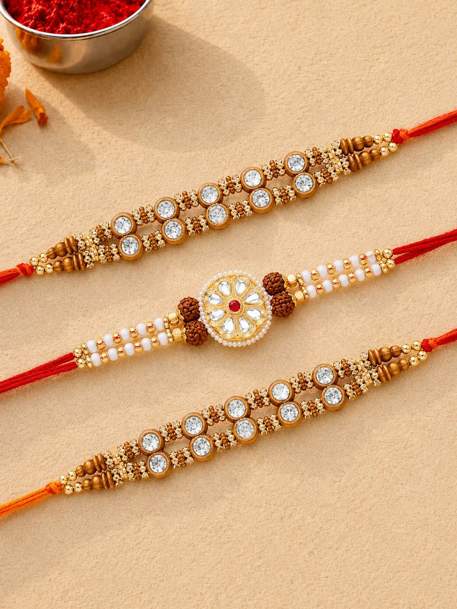 Peora Kundan Pearl Studded Rakhi for Brother | Set of 3