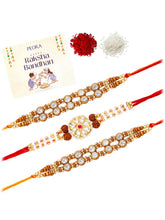 Peora Kundan Pearl Studded Rakhi for Brother | Set of 3