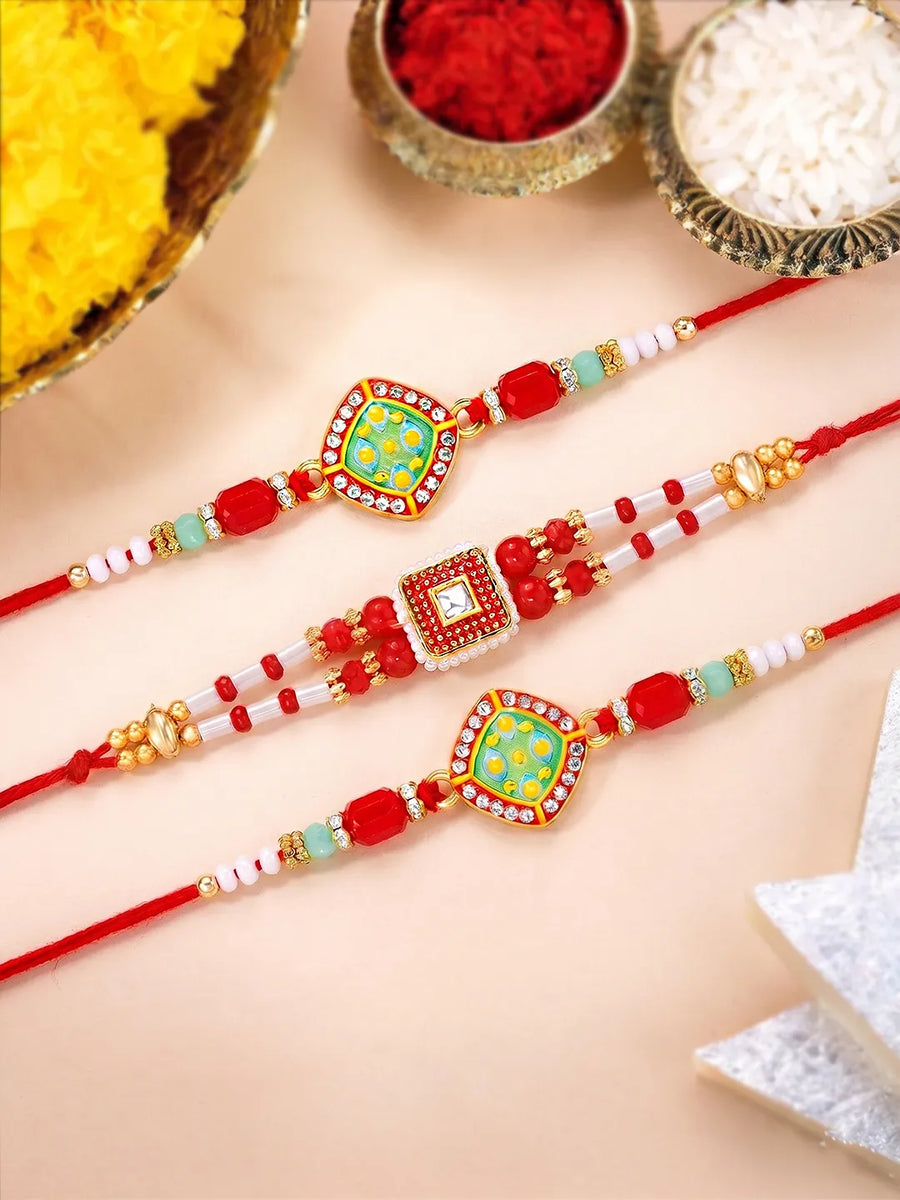 Peora Green Red Meenakari Rakhi for Brother | Set of 3