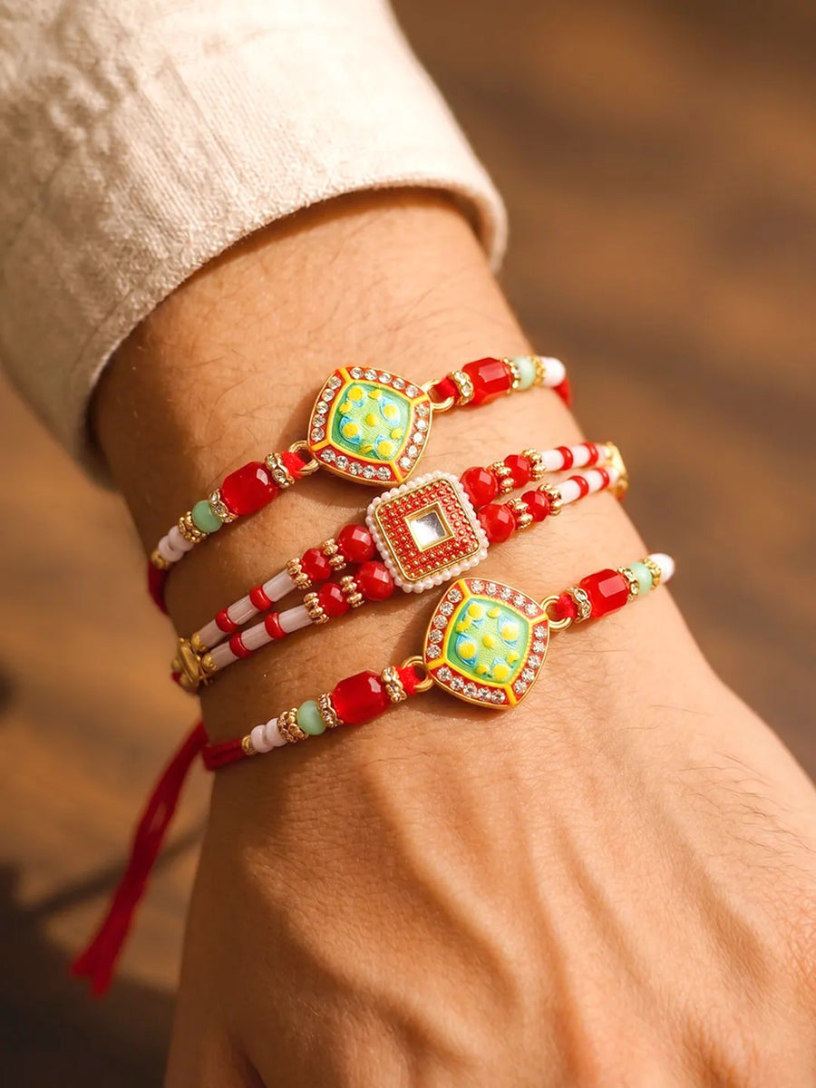 Peora Green Red Meenakari Rakhi for Brother | Set of 3