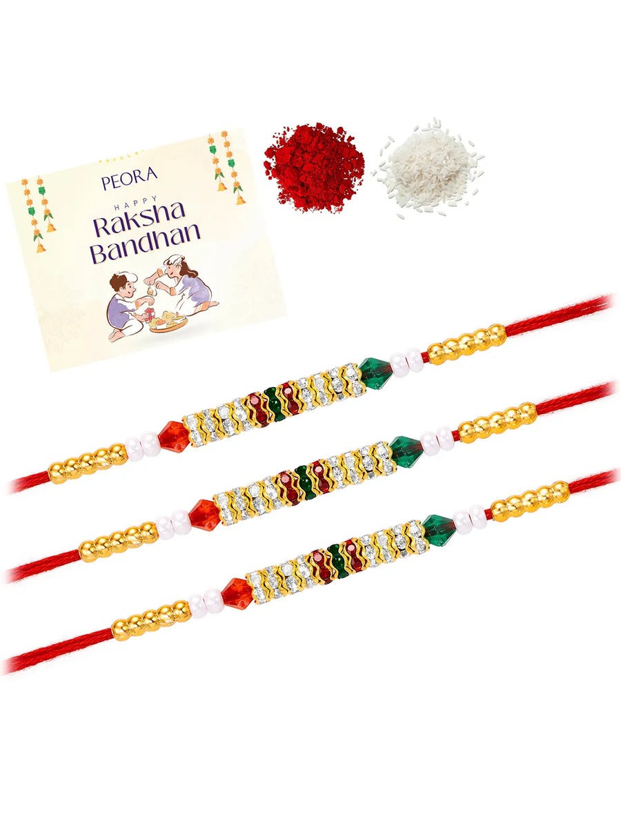 Peora Golden Beaded Rakhi for Brother | Set of 3