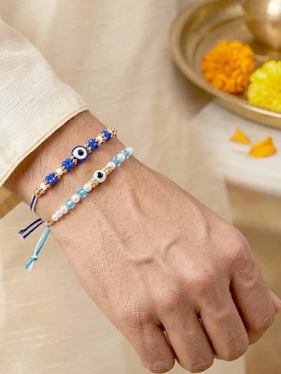 Peora Blue Evil Eye Bead Rakhi for Brother | Set of 2