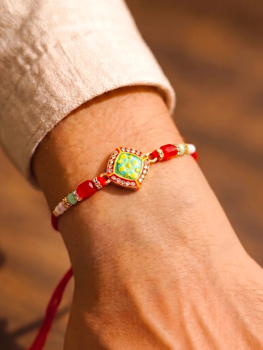 Peora Red Green Kundan Rakhi for Brother | Set of 2