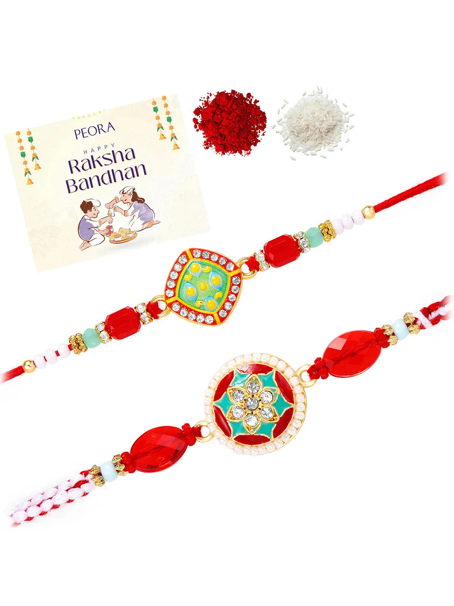 Peora Red Green Kundan Rakhi for Brother | Set of 2