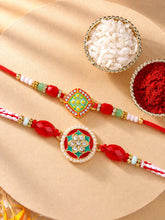Peora Red Green Kundan Rakhi for Brother | Set of 2