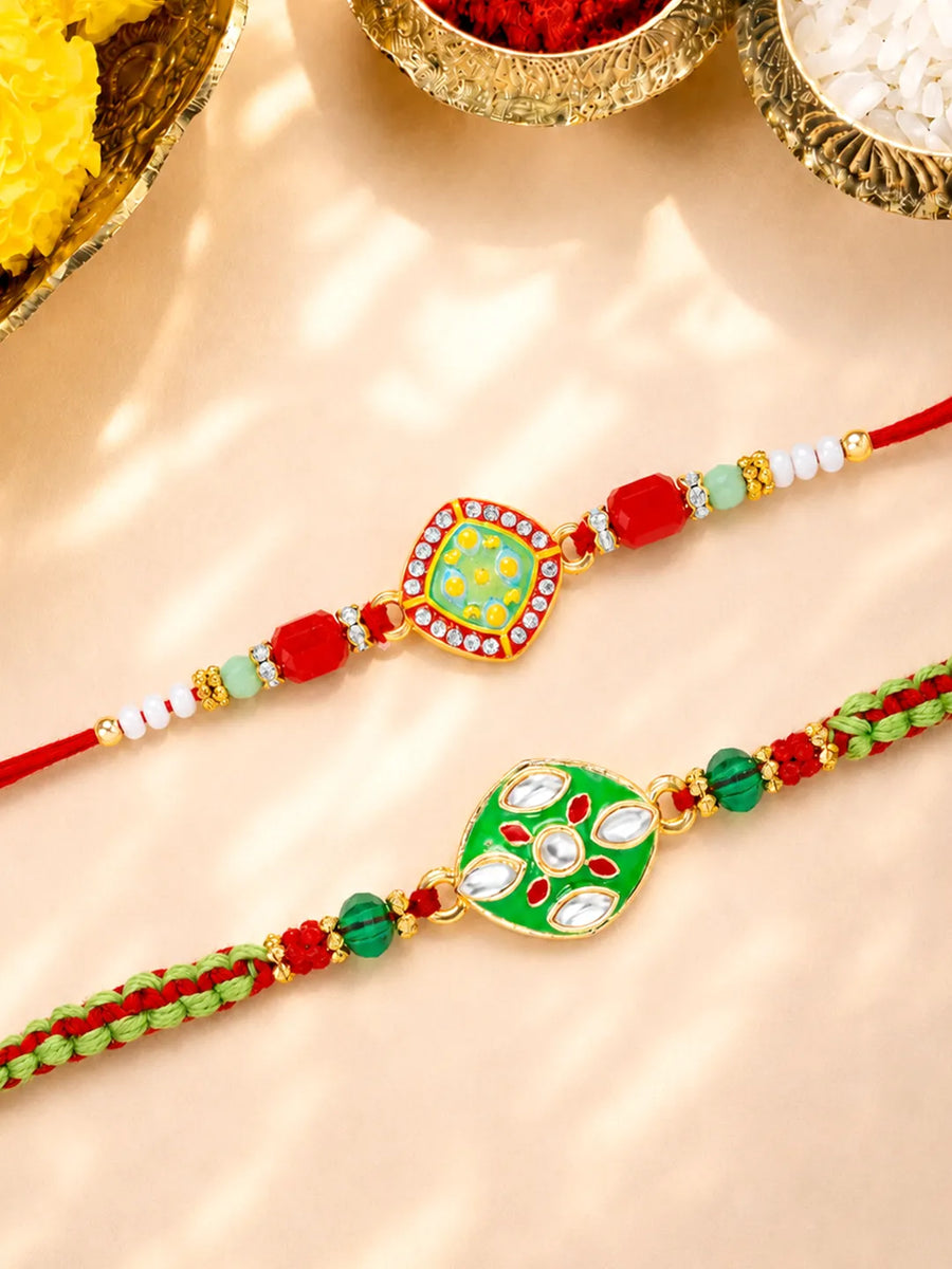 Peora Green Red Kundan Meenakari Rakhi for Brother | Set of 2