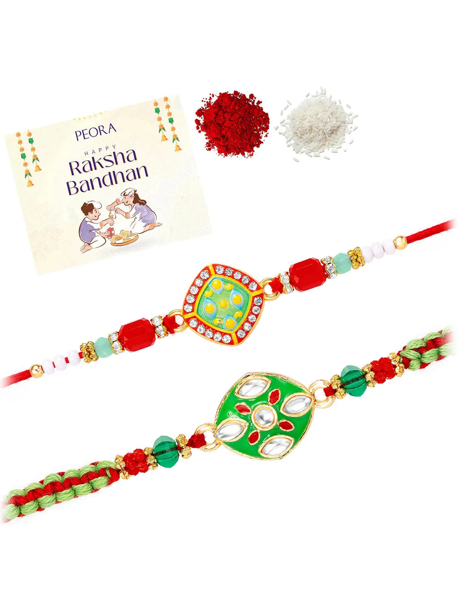 Peora Green Red Kundan Meenakari Rakhi for Brother | Set of 2