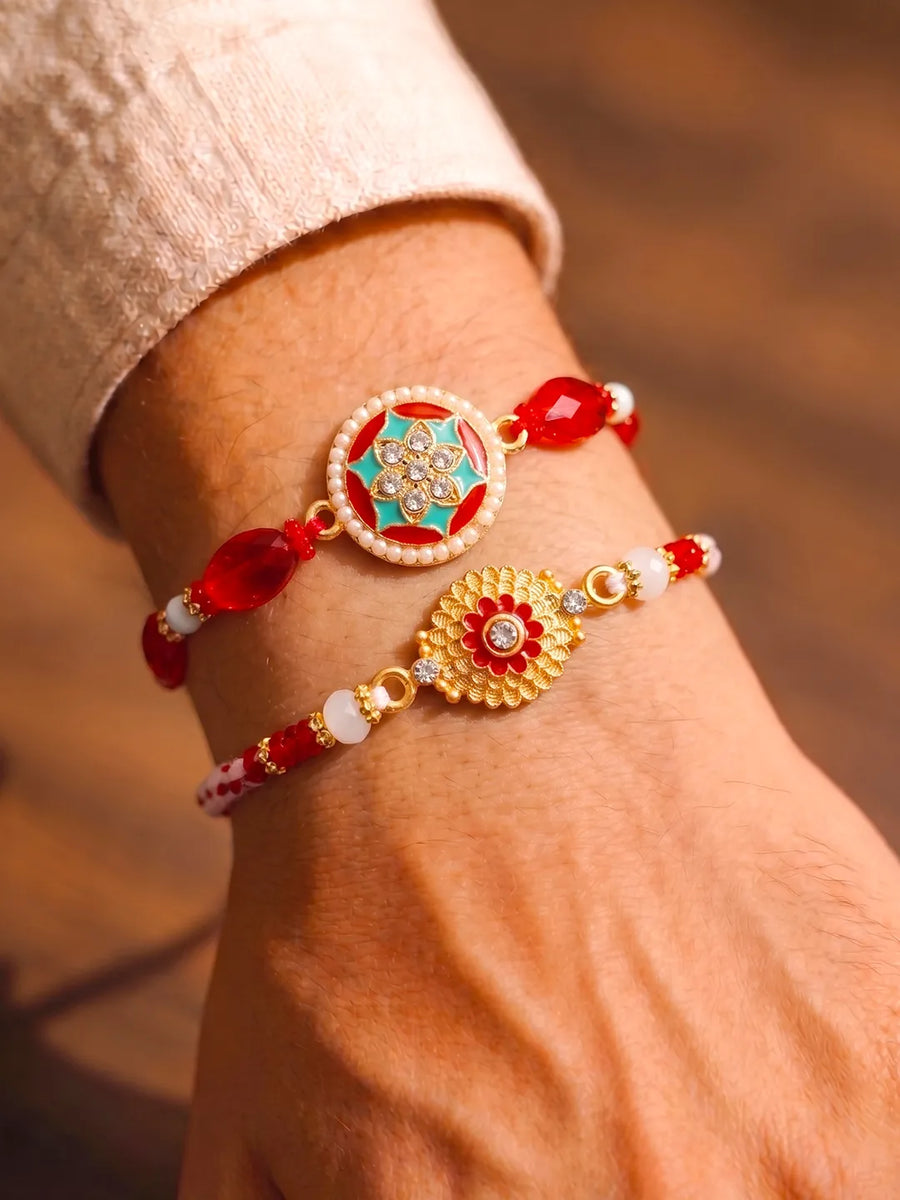 Peora Red Green Kundan Rakhi for Brother | Set of 2