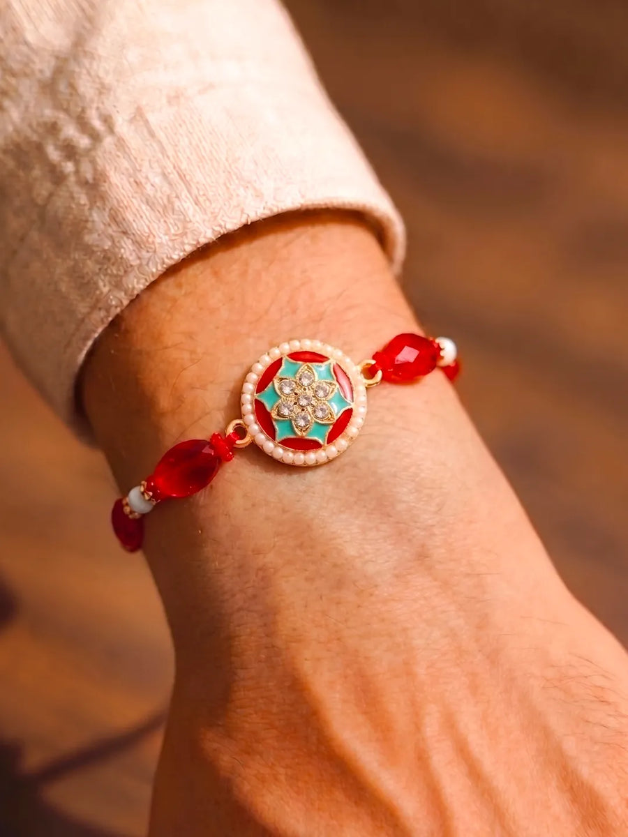 Peora Red Green Kundan Rakhi for Brother | Set of 2