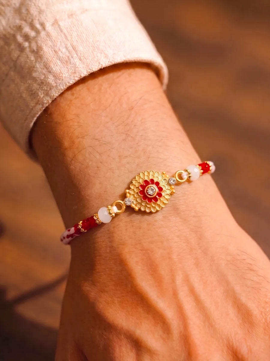Peora Red Green Kundan Rakhi for Brother | Set of 2