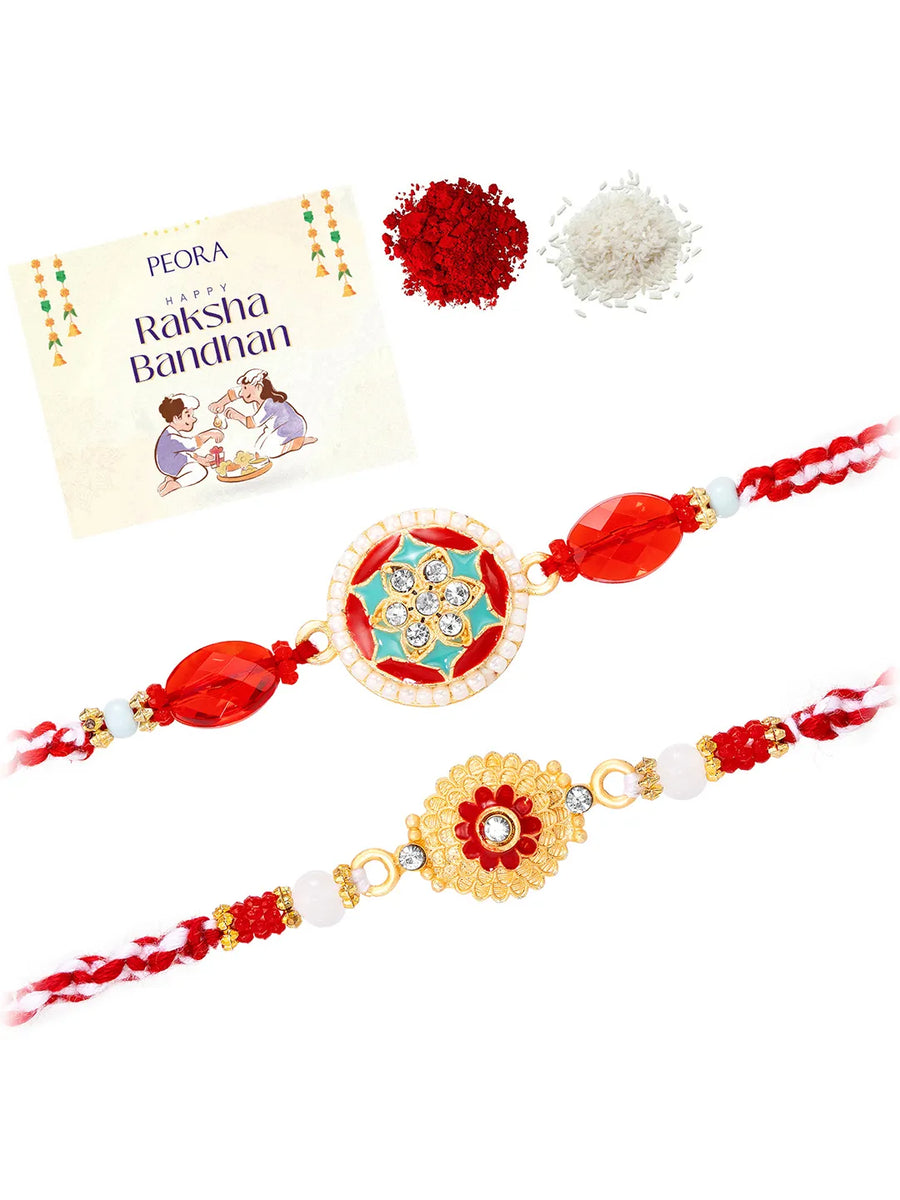 Peora Red Green Kundan Rakhi for Brother | Set of 2