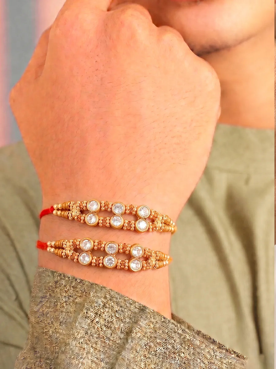 Peora Kundan Studded Rakhi for Brother | Set of 2