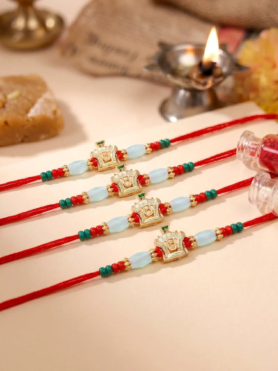 Peora Golden Green Bead Rakhi for Brother | Set of 4