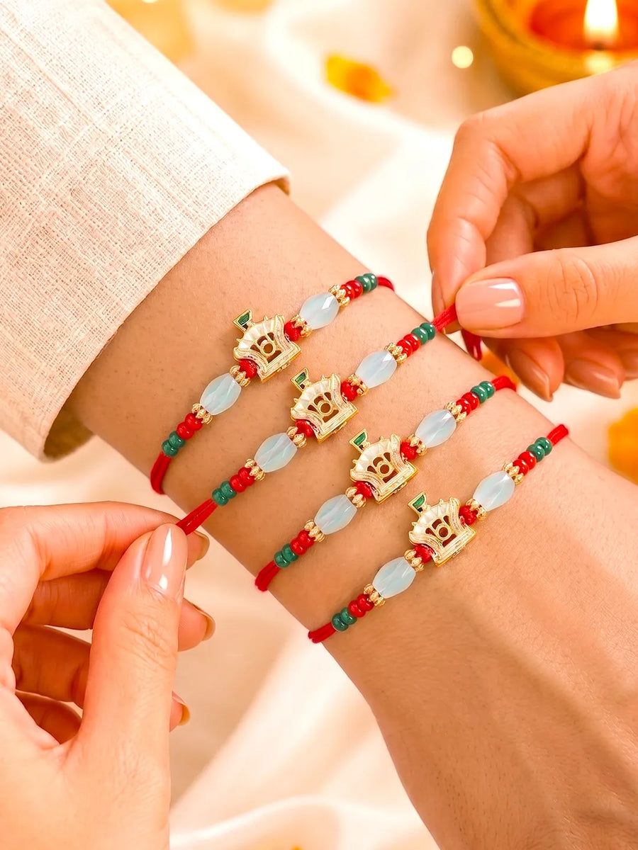 Peora Golden Green Bead Rakhi for Brother | Set of 4