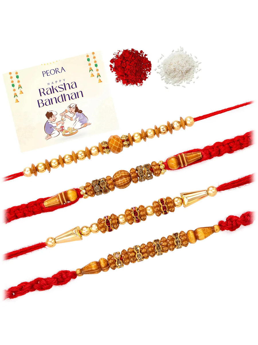 Peora Rudraksha Wooden Bead Rakhi for Bhai| Set of 4