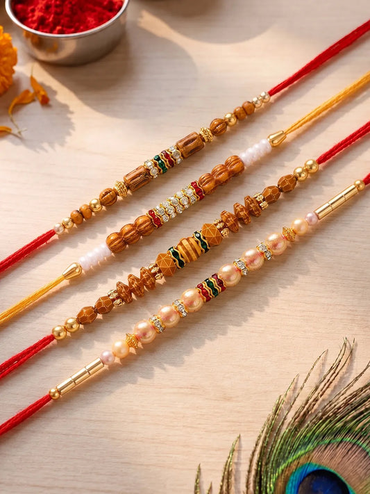 Peora Rudraksha Wooden Bead Rakhi for Brother | Set of 4