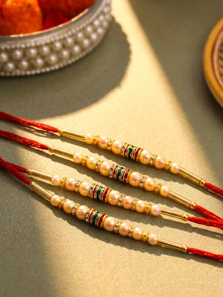 Peora Golden Beaded Rakhi for Brother | Set of 4