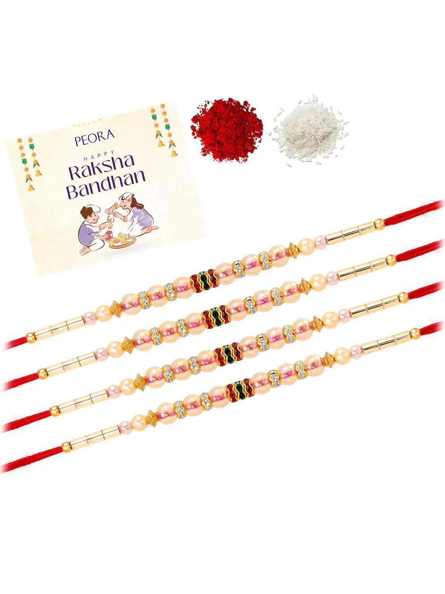 Peora Golden Beaded Rakhi for Brother | Set of 4