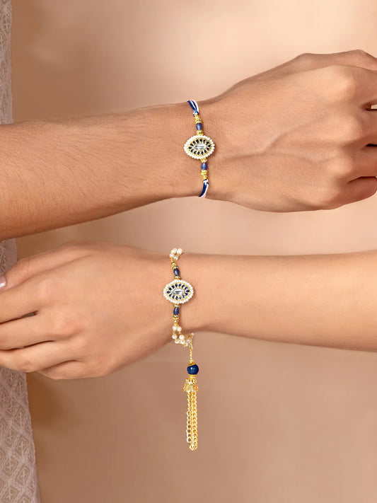 Intricate Meena Work Rakhi Set for Couple