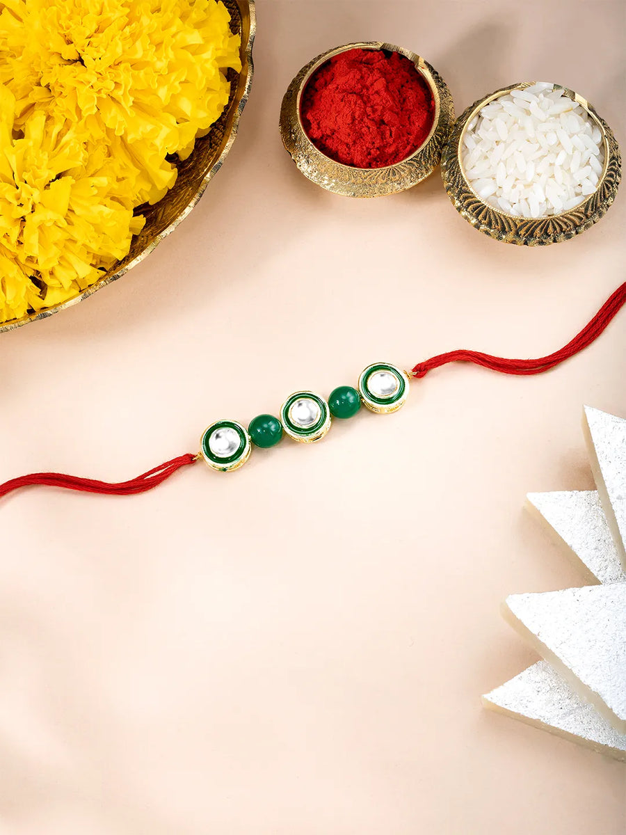 Round Kundan & Beads Rakhi for Bhai