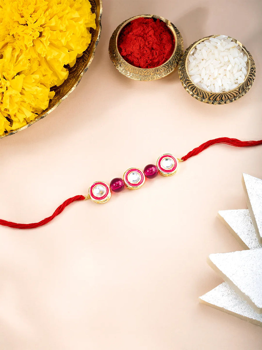 Round Kundan & Beads Rakhi for Bhai