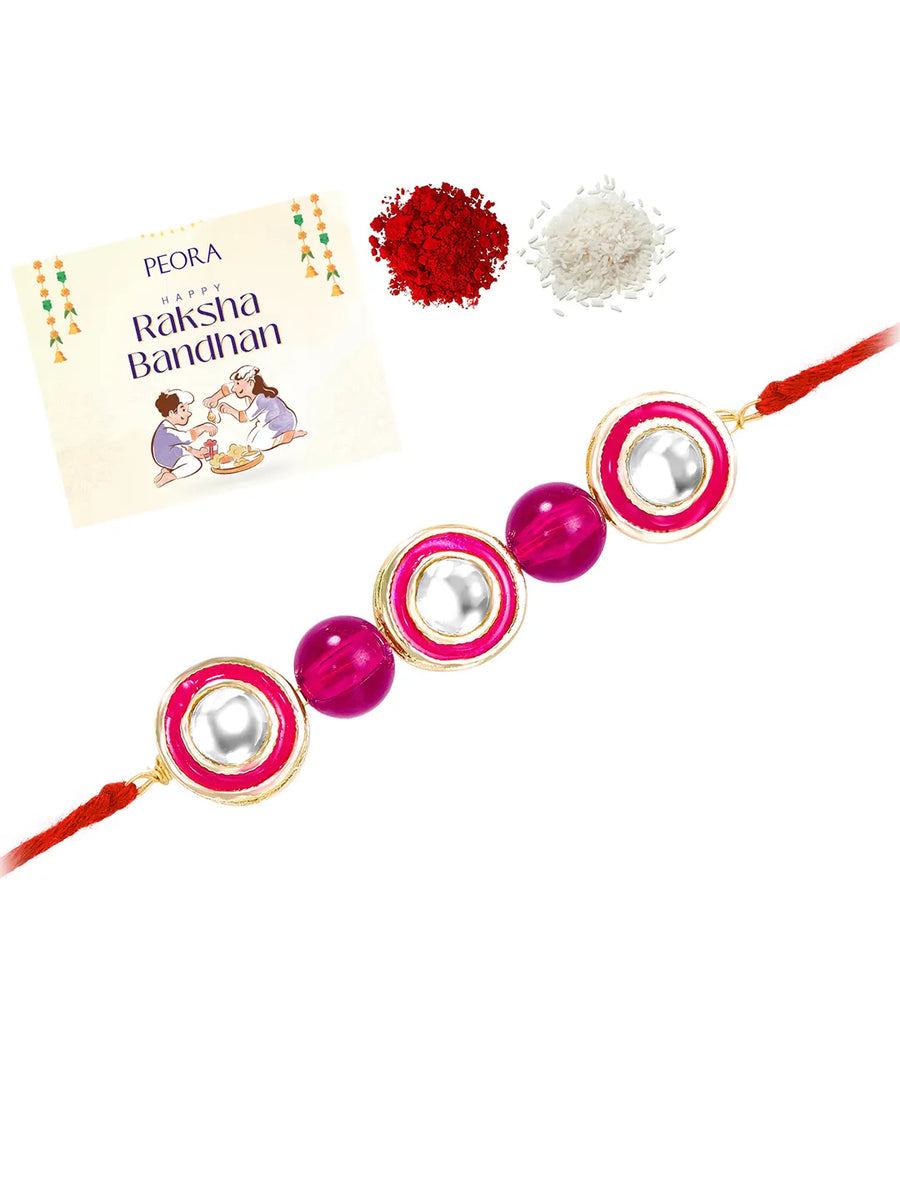 Round Kundan & Beads Rakhi for Bhai